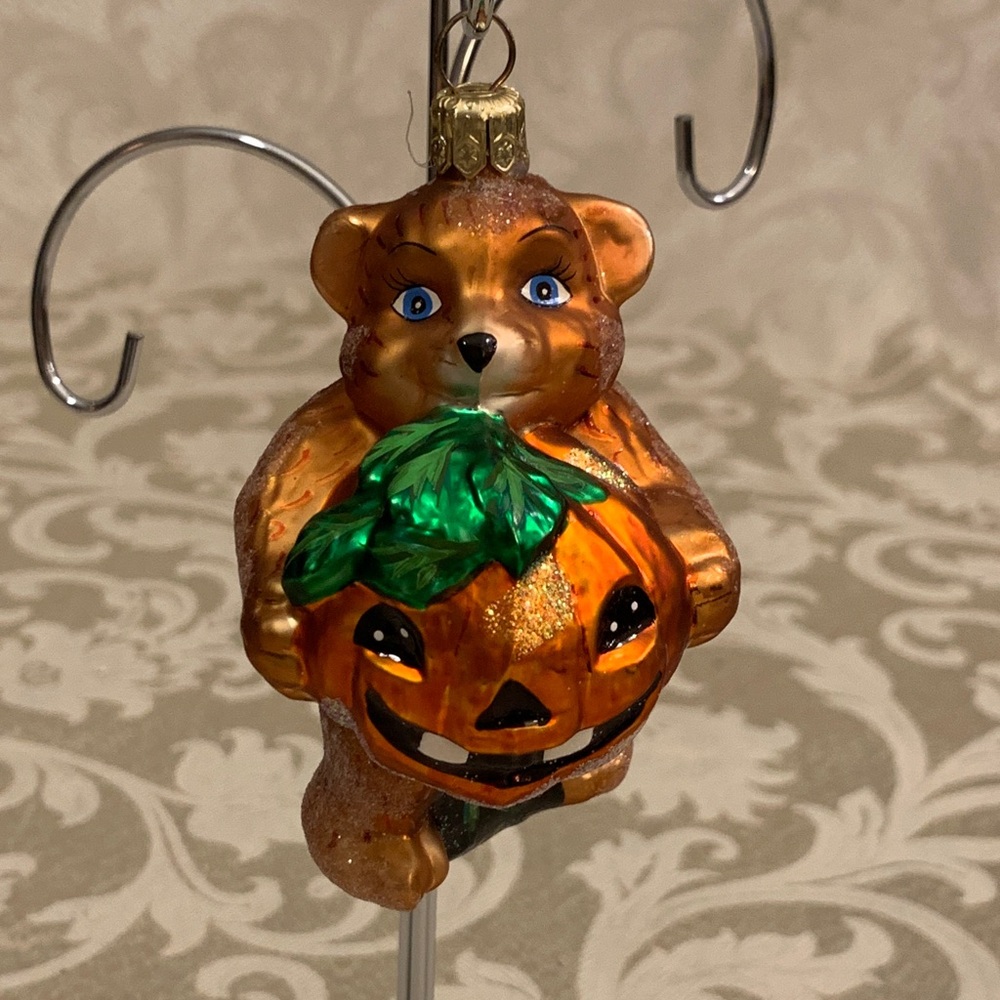 Christopher Radko Punkin Prize Bear with Pumpkin Ornament - Orange and Green